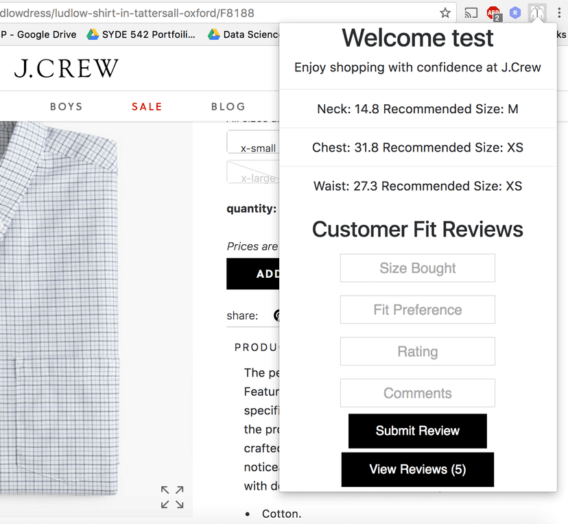 Chrome extension — sizing recommendation